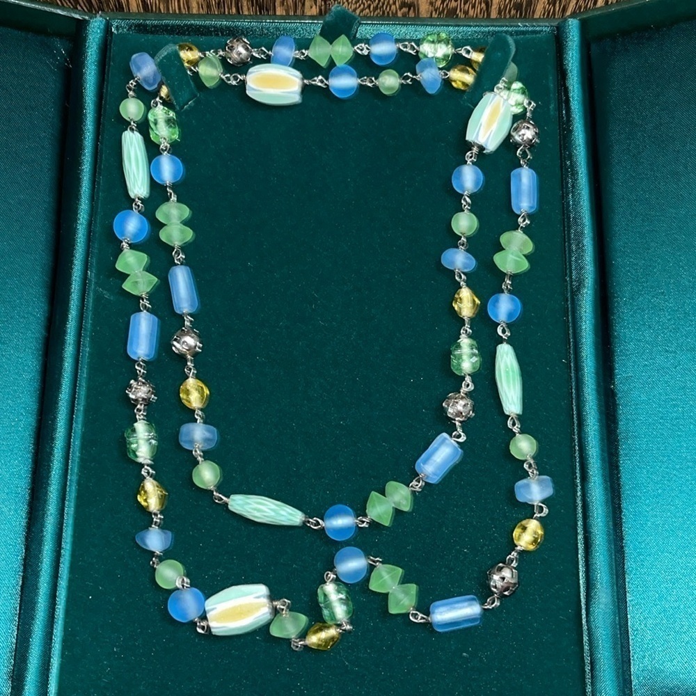 Sterling Silver Necklace and green & blue different size beads necklace